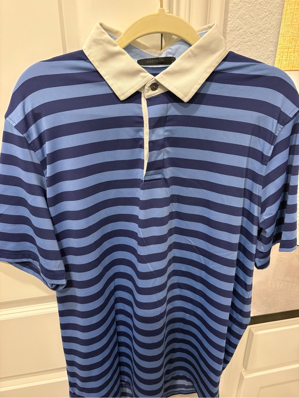 Greyson Navy & Light Blue Striped Polo with White Collar